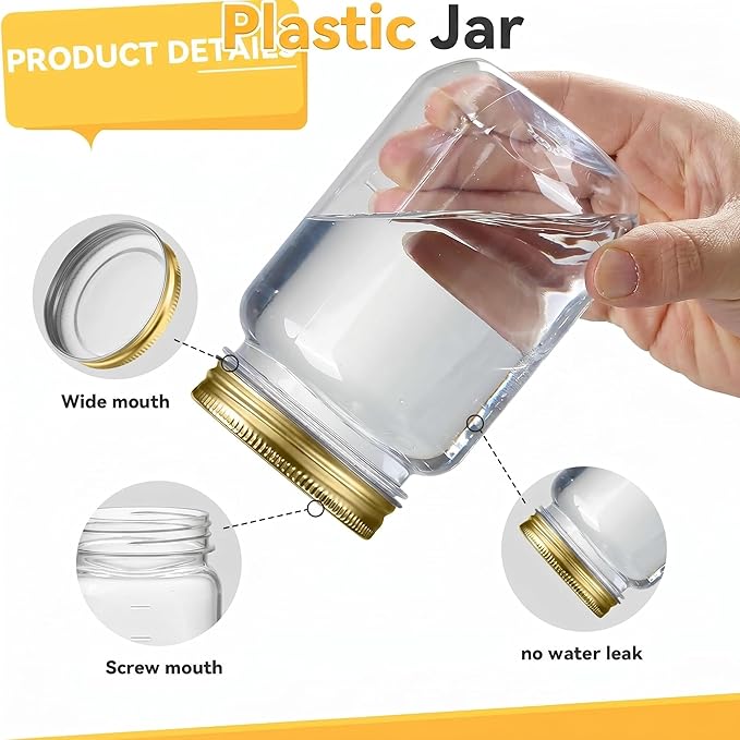 novelinks 16 oz Clear Plastic Jars with Lids, Refillable 16oz Mason Jars with Lids & Storage Containers for Kitchen & Household Use (24 Pack,Gold)