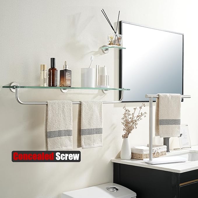 JQK Bathroom Glass Shelf, Shelf with 29 Inch Towel Bar Tempered Glass Shower Storage 30 by 5 inches, 304 Stainless Steel Brushed Finish Wall Mount, TGS100L30-BN