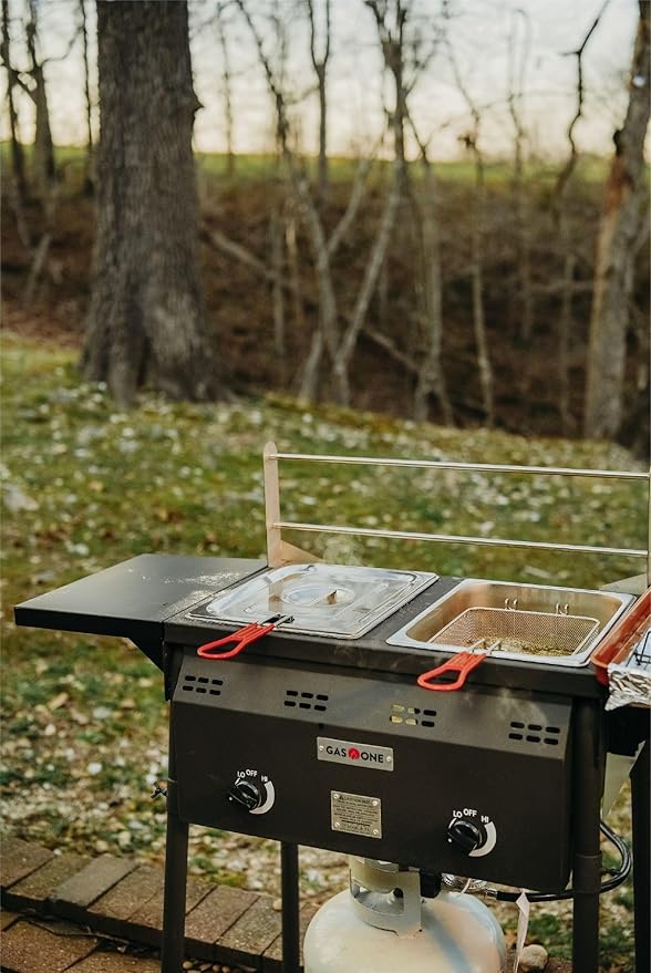 GasOne B-5850A Outdoor Propane Deep Fryer - Double Burners, 16 Qt Removable Baskets & Lids, Oil Fryer Cart with Thermometer & Regulator - Perfect for Outdoor Cooking