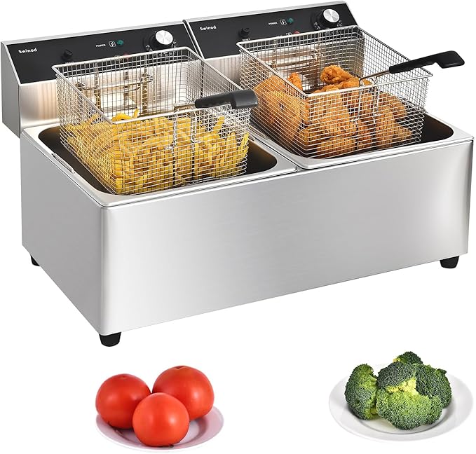 Commercial Deep Fryer with Basket, 3400w Dual 14Qt Oil Tank 0.6mm Thickened Stainless Steel Countertop Electric Fryer for Home and Commercial Use, Oil Fryer with Double Overheat Protection