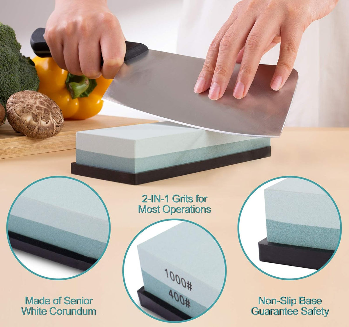 Knife Sharpening Stone 400/1000 Whetstone Sharpening Stone with Non-Slip Rubber Base for Kitchen, Hunting, and Pocket Knives or Blades