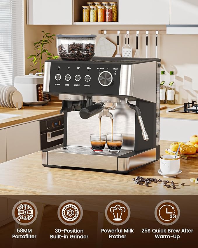 Electactic Espresso Machine 15 Bar with Built-in Anti-Clog Coffee Grinder,Stainless Steel Coffee Maker with 77.8 oz Removable Water Tank for Cappuccino/Latte,Home&Office,Black