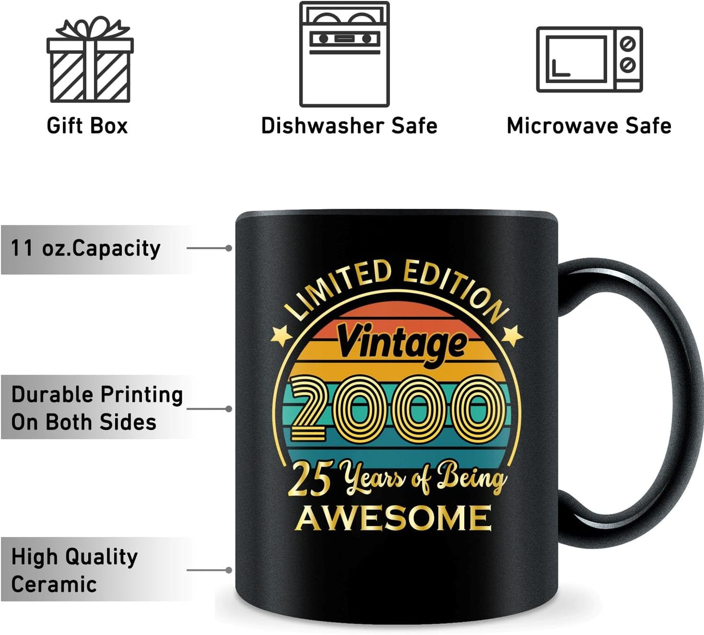 QUPT 25th Birthday Gifts for Women Men, 25th Birthday Gifts for Him, 2000 Birthday Gifts for Women Men, 25 Years Old Gifts, 2000 Birthday Gifts for Her Him, 25th Birthday Presents Coffee Mug