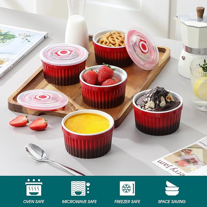 vancasso 8 oz Ramekins with Lid, Porcelain Creme Brulee Souffle Dishes, Red Pudding Custard Cups Ramiken for Baking, Dishwasher and Oven Safe, Set of 6