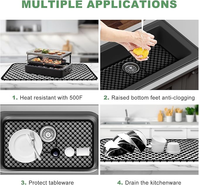 Sink Protectors for Kitchen Sink - Large 26.2"x 14" with Center Drain Hole Heat Resistant Easy Clean Non-slip Silicone Kitchens Sinks Mat for Bottom of Kitchen Sinks Stainless Steel(Black)-66.5x35.6CM