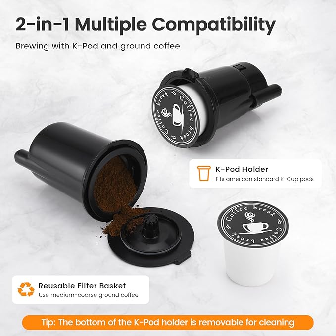 Horavie Single Serve Coffee Maker for K-Cups & Grounds, Hot & Iced Coffee Maker, Strong Button Feature, 6 to 14oz Brew Sizes, 50oz Removable Reservoir, Fit 6.5" Mugs, Stainless Steel, Black