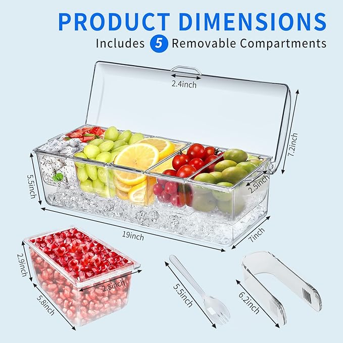 2 Pack Large Ice Chilled Condiment Caddy，Chilled Condiment Containers Server with Lids for 5 Removable Compartments，Serving Platters, Fruit & Garnish Tray for Party Supplies & Bar（2 Pack）