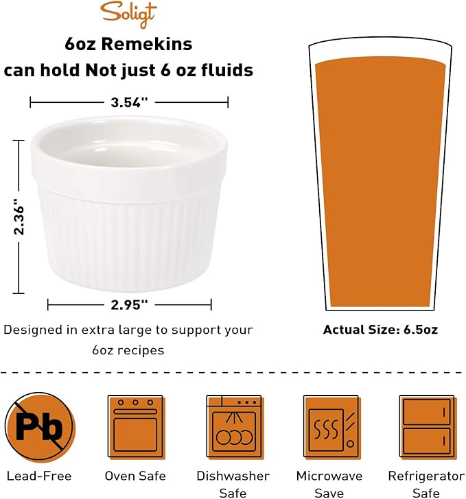 Creme Brulee Making Set - 6 Porcelain Ramekins 6 oz, 304 Stainless Steel Lifting Rack, 9" X 13" Bottom Pan