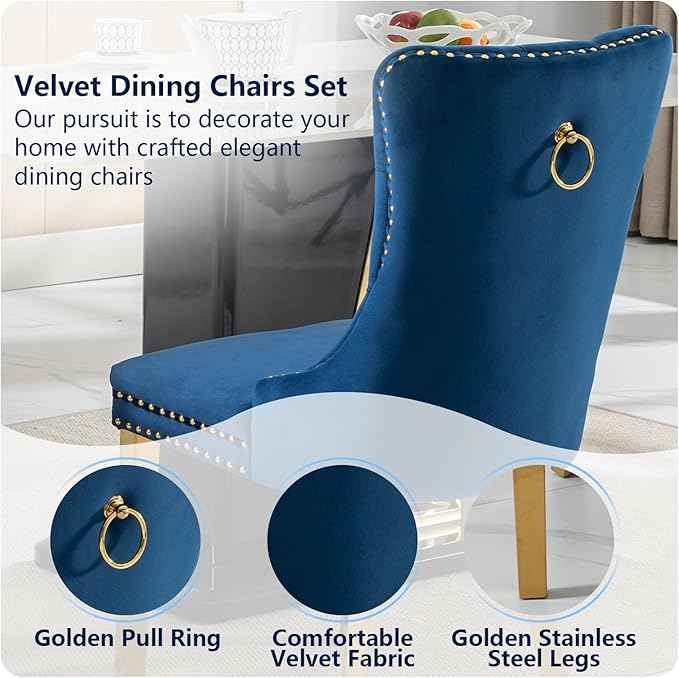 Blue Velvet Dining Chairs Set of 4, Dining Room Chairs Set of 4, Tufted Upholstered Dining Room Chair, Back Ring Pull Trim, Golden Stainless Steel Legs, Blue