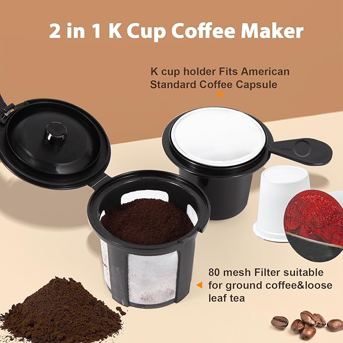 2 in 1 Single Serve Kcup Coffee Maker (6-14Oz), 800W Fast Brew, Compact Design with Reusable Filter, One-Button Auto Shut-Off, Travel Mug Fit, Compatible with K-Cup/Ground Coffee/Tea, Black