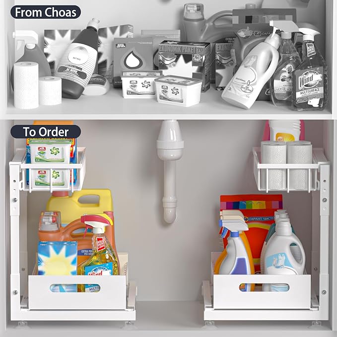 L-Shaped Under Sink Organizer, 2 Pack 2-Tier Pull Out Metal Kitchen Cabinet Organizer with Sliding Storage Drawer, Height Adjustable Heavy Duty Under Bathroom Sink Storage for Cleaning Supplies