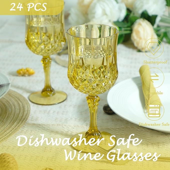 Plastic Wine Glasses, Plastic Goblets Vintage Style Cordial Unbreakable Drinking Glasses, Reusable Drinkware for Wedding Reception, Grand Event Party Supplies, Easter (100, Gold)