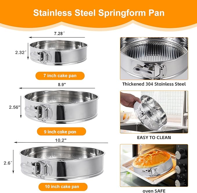 Aufind 10 Inch Springform Pan for Baking, 304 Stainless Steel Cheesecake Pan with Removable Bottom, Includes 12 Piping Tips and 50 Parchment Papers for Pie Cake Pizza and Quiches(10" Cake pan)