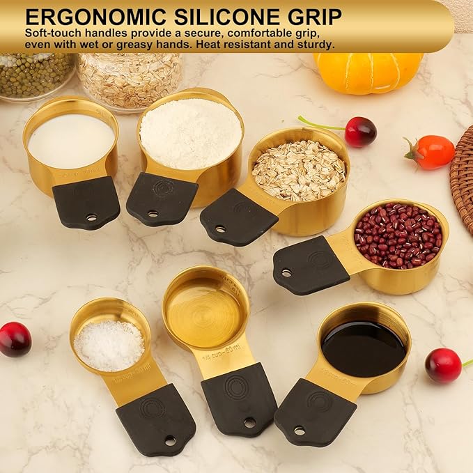 Gold Magnetic Measuring Cups & Spoons Set of 16, 7 Stainless Steel Measuring Cups, 8 Double-Sided Measuring Spoons & 1 Leveler, Premium Finish Baking Tools Kitchen Gadget for Dry & Liquid Ingredients