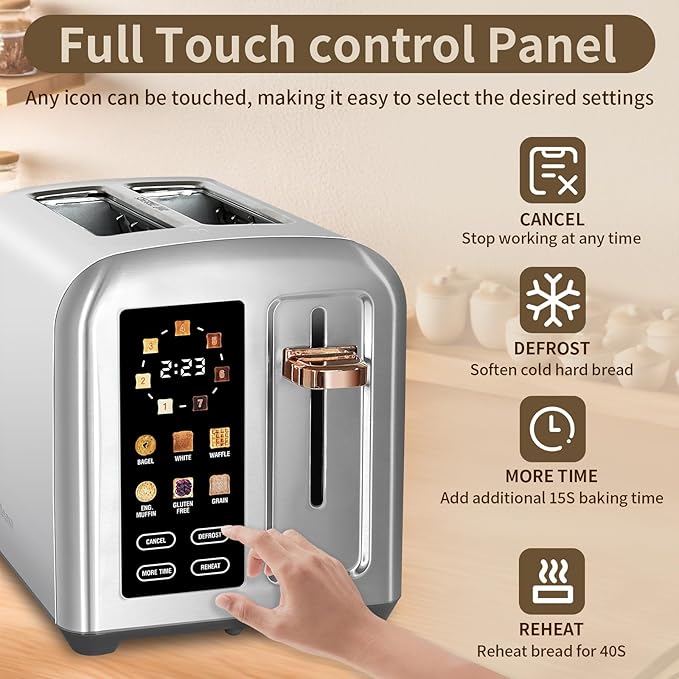 SEEDEEM Toaster 2 Slice, Full Touch Control Stainless Toaster, LCD Display, 50% Faster Heating Speed, 6 Bread Type, 7 Shade Setting, 1.5''Wide Slots, Removable Crumb Tray, 1350W, Silver Metallic