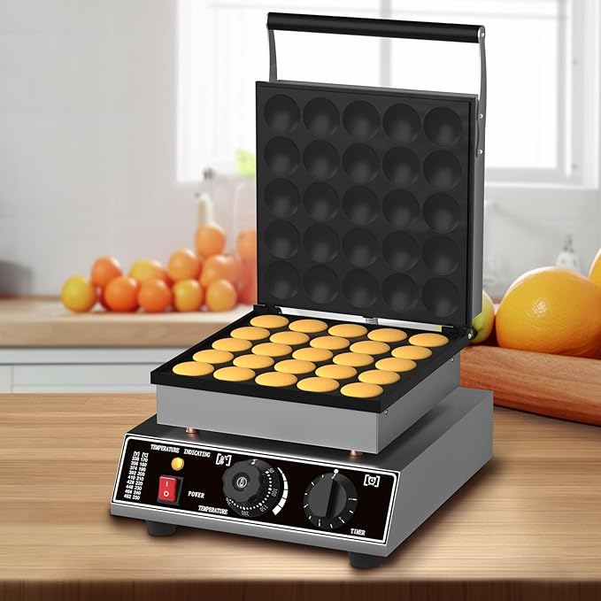 Commercial 25 PCS Mini Dutch Pancake Maker, 1750W Electric Mini Pancakes Maker Machine with Temp & Time Control, Non-Stick Surface, Stainless Steel, for Home Kitchen Bakery Snack Bar