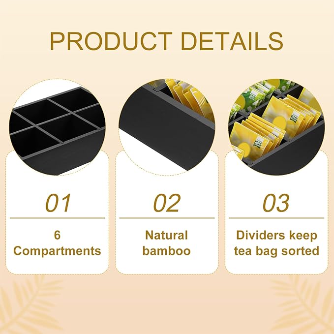uxcell Tea Bag Organizer, 6 Compartments Pine Wood Tea Box with Handle, Tea Storage Organizer Holder for Tea Bags, Beverage Supplies Sugar Packet, Black