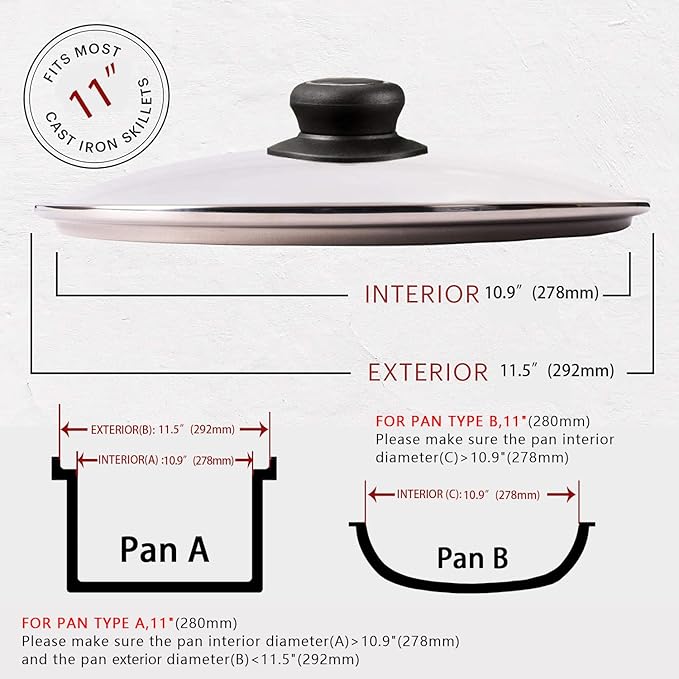 11 Inch Pan Lid, Frying Pan Lid, Fry Pan, Skillet Lid, Pot Cover with Handle, Tempered Glass Cover, 11"