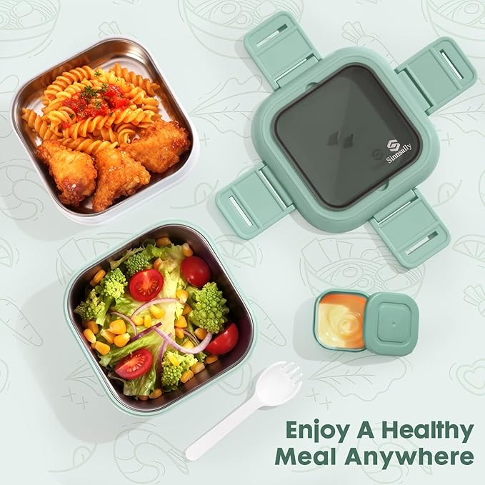 Sinnsally Bento Box Adult Lunch Box with Stainless Steel Container,Metal Lunchable Food Storage Container with Sauce Jar (Khaki Green)