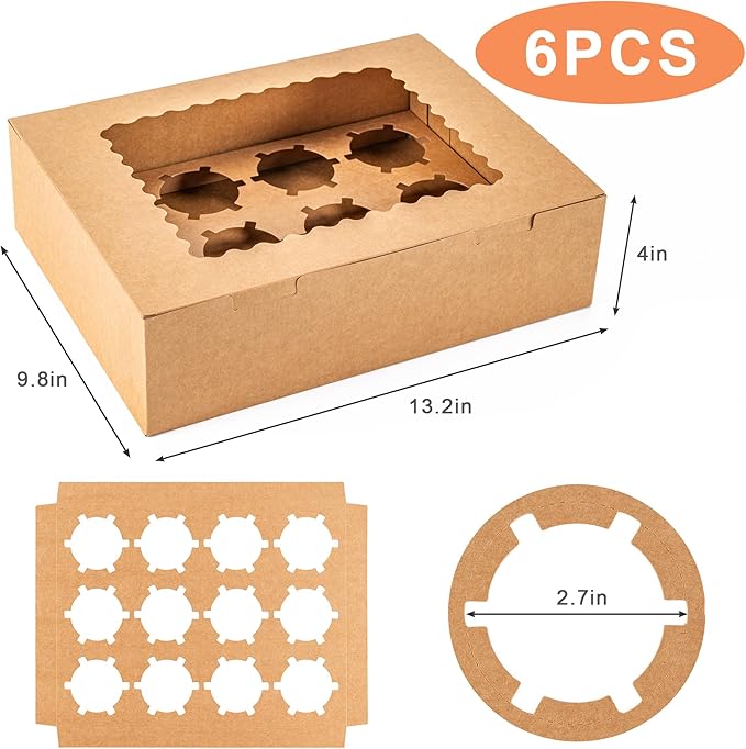 Hoewina 6PCS Cupcake Boxes - Hold 12 Count Cupcake Containers with Window, Food Grade Cupcake Holder Easy Transport and Presentation - Ideal for Cupcakes, Desserts, and More (Brown)