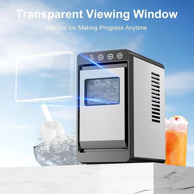 Kismile Countertop Ice Maker, 8 Bullet Cubes in 6 Mins, 26.5lbs in 24Hrs, 2 Ice Sizes, Self-Cleaning Portable Ice Maker with Basket and Scoop, for Home/Office/Camping/RV, Silver