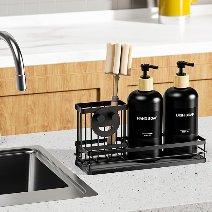 Moforoco Kitchen Dish Soap Dispenser Set, 16OZ Glass Bottle, Hand and Dish Soap Dispenser Set, Instant Dry Tray, Brush Holder with Smiley Face Sponge Holder (Black Tray+Black Bottle+Labels)
