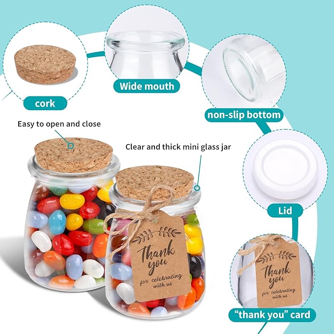 AIXIANG 40 Pack 7 oz Glass Favor Jars with Cork Lid and Seal Cap with Twine Labels for Wedding,Baby Shower,Party Favors,Gift Jar,Yogurt,Candy, Spices,Decorative Jars