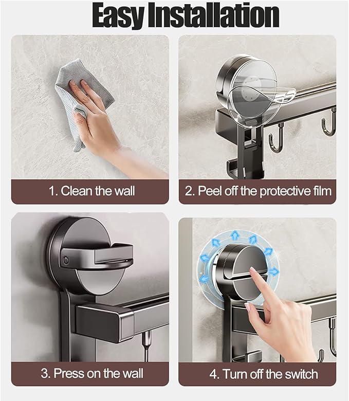 Wall Mounted Utensil Hook Rack with 8 Hooks, No Drill Installation, Space Gray Finish, Kitchen Organizer for Coats, Bags, and Accessories，Suction Cup Storage (1Pack)