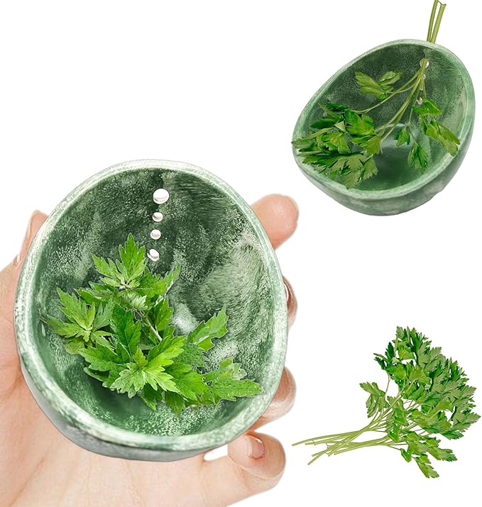 Herb Stripper, 4-Hole Design Pottery Herb Stripper,Handmade Ceramic Herb Stripper Bowl for Removing Leaves and Stems in the Kitchen (Green Glaze)