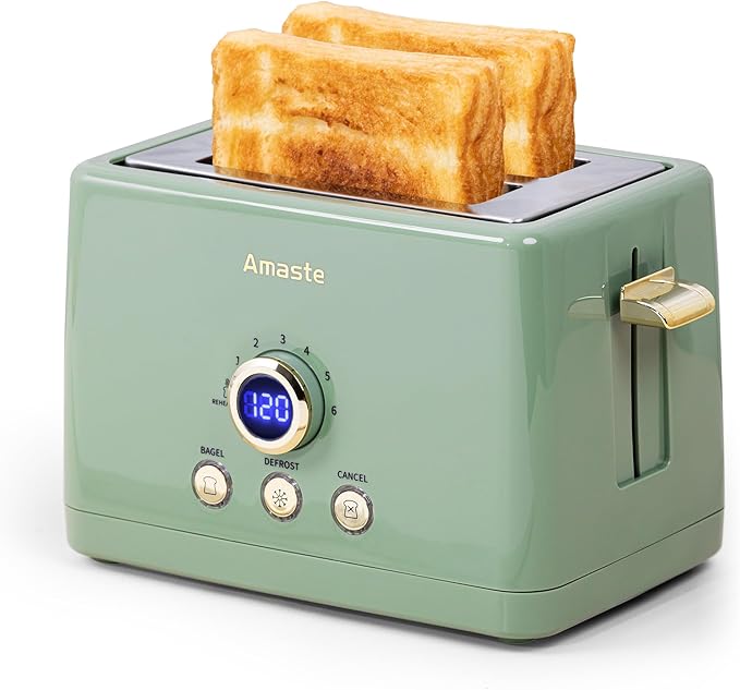 2 Slice Toaster, Retro Bread Toaster with LED Display, Extra Wide Slots Toasters with 6 Bread Shade Settings, Bagel, Cancel, Defrost Function, Stainless Steel with High Lift Lever, Removal Crumb Tray