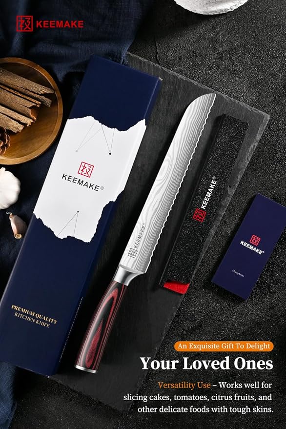 KEEMAKE Bread Knife, 8 Inch Serrated Bread Knife for Homemade Bread Ultra Sharp High Carbon Stainless Steel Blade, Professional Bread Cutting Knives for Sourdough Bread, Bagels, Cake