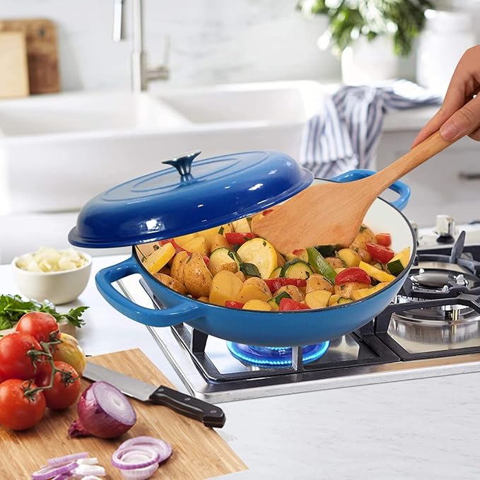 Enameled Cast Iron Dutch Oven Braiser, 3.8 Quart Enamel Skillet Pot with Lid - Heavy Duty and Dual Handles, Oven Safe Frying Pan for Family or Friends Gifts, Blue