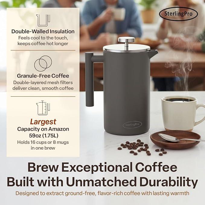 SterlingPro Stainless Steel French Press Coffee Maker 1.75 L (59 oz) Grey – Double Walled Insulated Extra Large French Press, Durable Design Keeps Drinks Hot, Easy to Use and Clean for Rich Flavor