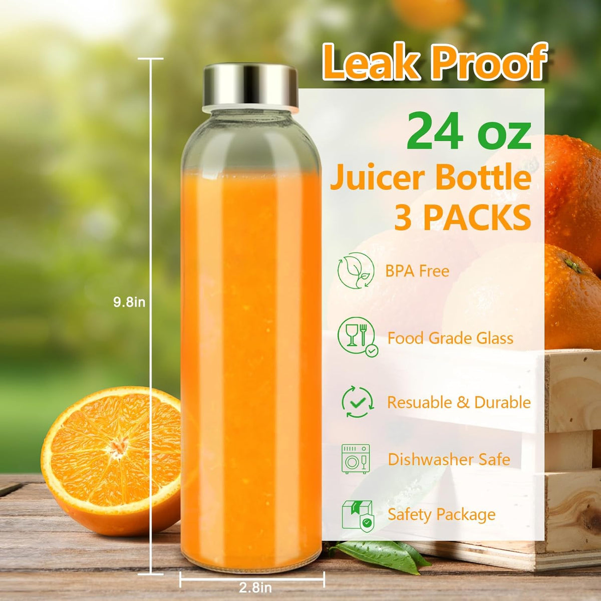 Zukro Glass Water Bottles with Lids 24 oz, 3 Pack Reusable Juice Bottles With Stainless Steel Airtight Cap for Juicing, Leak Proof Clear Drinking Jar Beverage storage container for Fridge, BPA Free