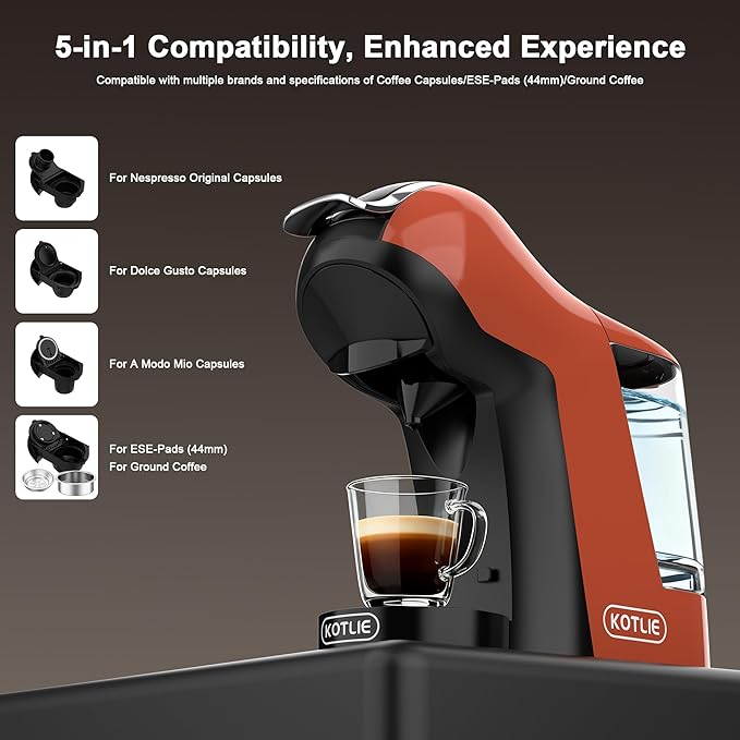 KOTLIE EM-308B Espresso Machine, Single Serve Coffee Maker Compatible with Multiple Capsule Types, Ground Coffee, and ESE Pods, 3 Temperatures, 7 Water Volume Levels, 34 Oz (Orange)