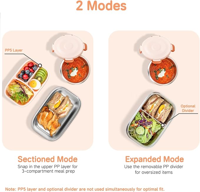 18/8 Stainless Steel Bento Box, Bento Lunch Box with Soup Bowl for Kids and Adults, Food Containers with Bag for Office or School, Pink