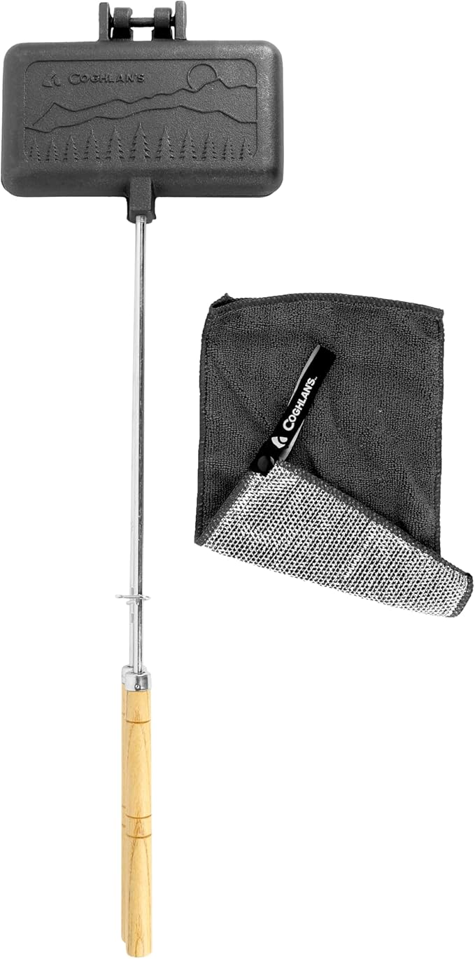 Coghlan's Cast Iron Camp Cooker - Pre-Seasoned Pie Iron Sandwich Maker with Heat-Resistant, Removable Handles, Easy-to-Clean for Toasted Pies, Grilled Sandwiches, and Meats, For Campfire Cooking
