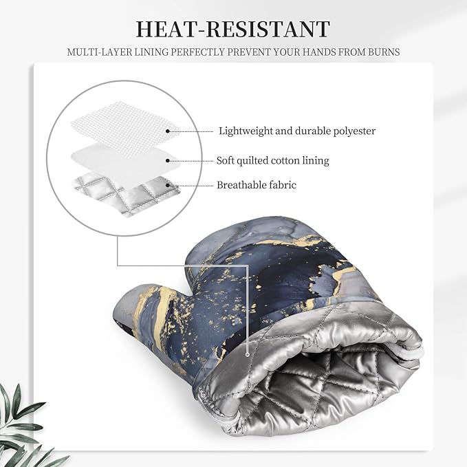 Blue Gold Marble Oven Mitts and Pot Holders Sets of 4, Heat Resistant Silicone Oven Mittens and Potholders Gloves Hot Pads for Kitchen Cooking Baking Grilling BBQ Chef