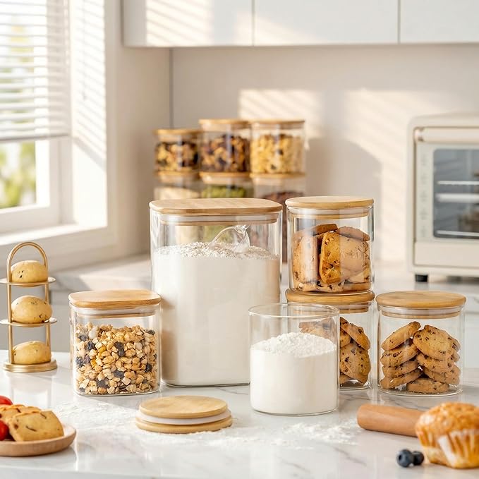 Extra Large Square Glass Flour & Sugar Storage Containers with Airtight Lids, 168 floz - 2 Pack Glass Jars with Bamboo Lids for Pantry, Air tight Food Storage Containers for Cereal, Pasta, Rice