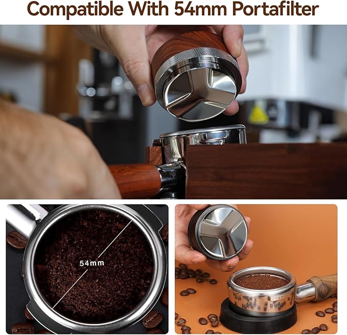53mm Espresso Accessories, Espresso Distribution Tool, Adjustable Height 5-15mm, Walnut Wood & 304 Stainless Steel, Compatible with 54mm Breville Espresso Machines