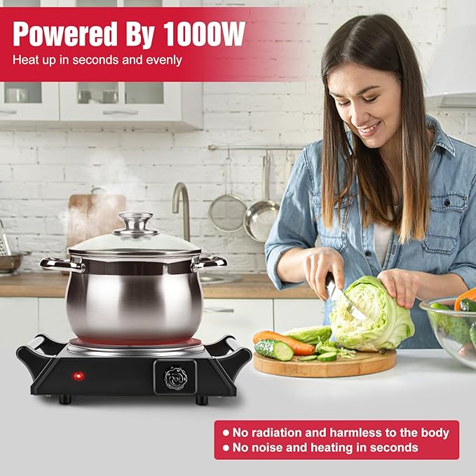 Electric Countertop Single Burner, 1000W Cooktop with Crystal Glass Hot Plate, 5-Level Stepless Temperature Control, Stay Cool Handles, Easy to Clean, Compatible Cooking Stove for Office Home RV