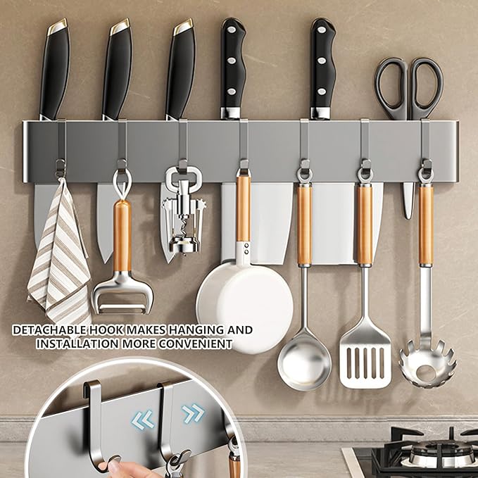 Kitchen Utensil Hanger: Wall Mount Holder Hanging Rack,7 Hooks Utensil Racks,No Drilling for Kitchen,Pantry,Bathroom,Livingroom 15.75 Inch (Dark Gray)