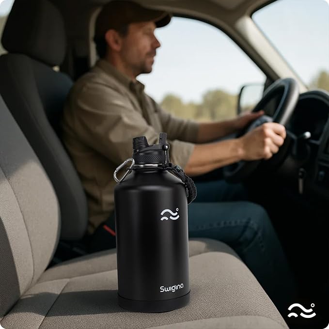 Swigina 1 Gallon Insulated Water Bottle with Silicone Boot (48hrs Cold/24hrs Hot) - DIY Stickers, Leakproof, BPA Free, 128 oz [2-IN-1 LID]