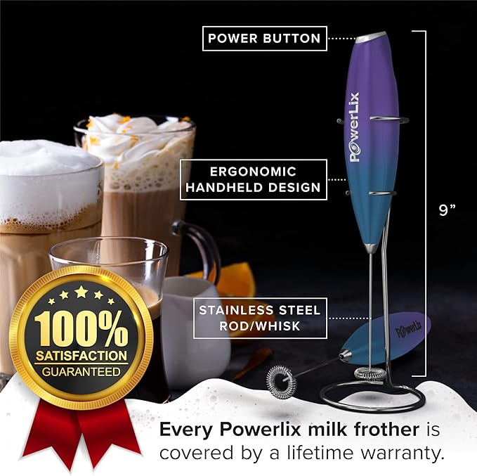 PowerLix Powerful Handheld Milk Frother With Stand Battery Operated Foam Maker Frother Wand For Coffee (A Black) (Purple Turqoise)