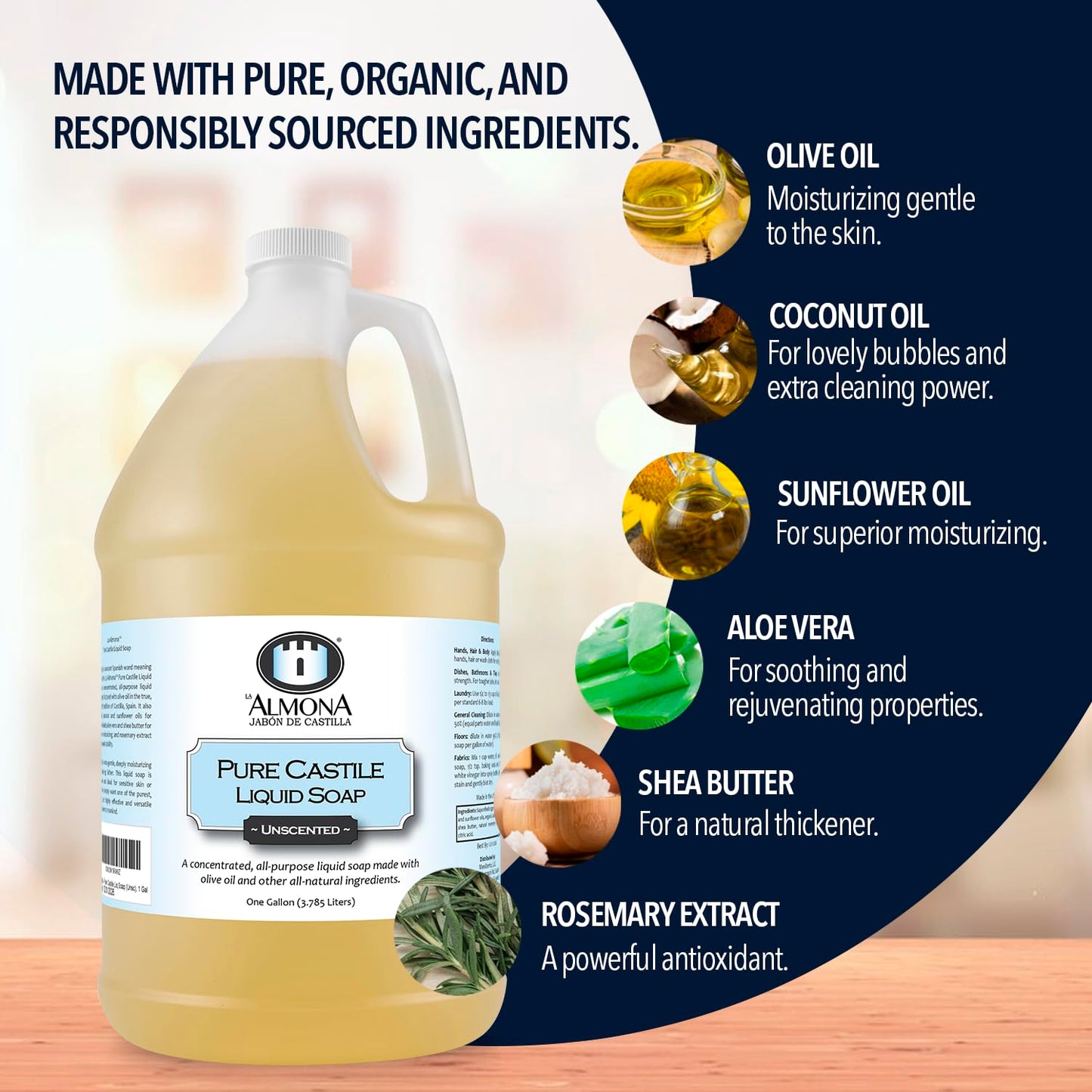 Pure Castile Liquid Soap, UNSCENTED, 1 Gallon - Multipurpose: Hands, Face, Body, Laundry, Dishes & More - For Sensitive Skin, All-Natural Ingredients, Fragrance Free