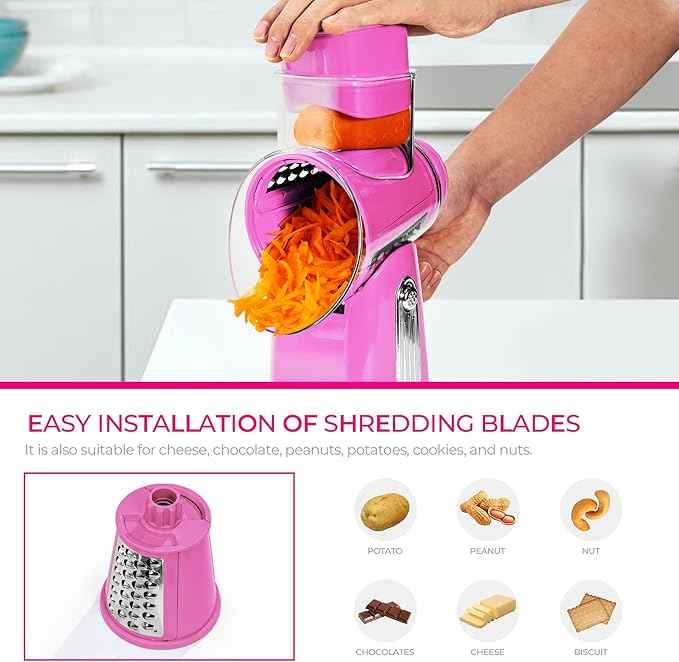 SUSTEAS Rotary Cheese Grater with Handle - Vegetable Shredder with 5 Well-designed Blades & Strong Suction Base,Round Mandoline Slicer & Food Chopper for Kitchen,with Blade Storage Box(Pink)