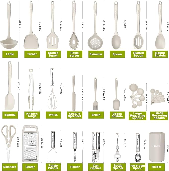 Kitchen Utensils Set - 446°F Heat Resistant Silicone Cooking Utensils Set-Kitchen Tools and Gadgets for Cooking Nonstick Cookware with Tongs,Turner,Spatula,Spoon,Brush,Peeler,Grater,Scissors (Khaki)
