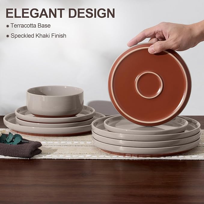 E-far 18-Piece Ceramic Dinnerware Sets, Plates and Bowls Sets for 6, Stoneware Dishware Dishes Set with Terracotta Base, Chip & Scratch Resistant, Microwave & Dishwasher Safe, Speckled Khaki