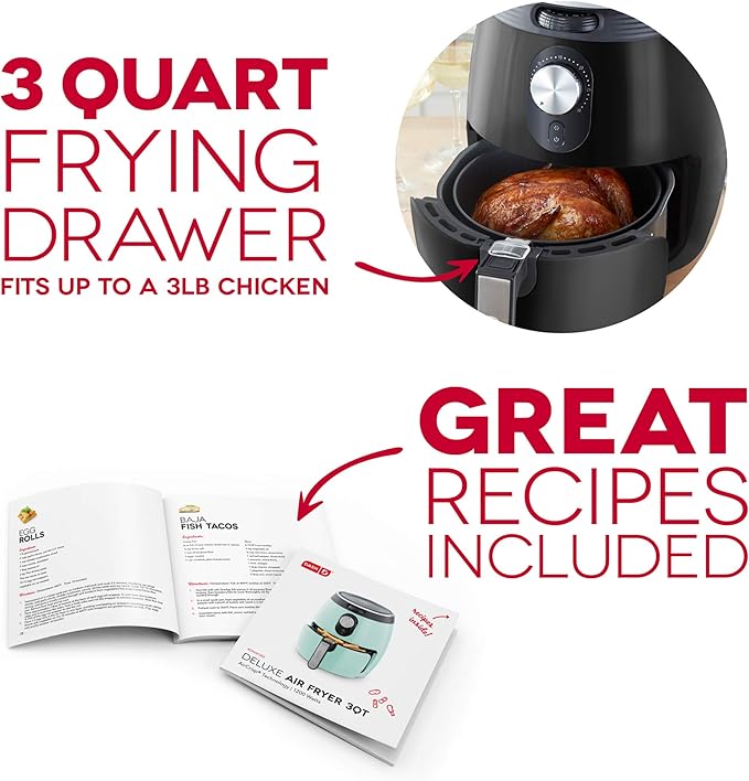 Dash Deluxe Air Fryer -Has AirCrisp® Technology - Adjustable Temperature Control & Auto Shut-Off Feature - Compact Nonstick Basket - 3 Quarts - Black