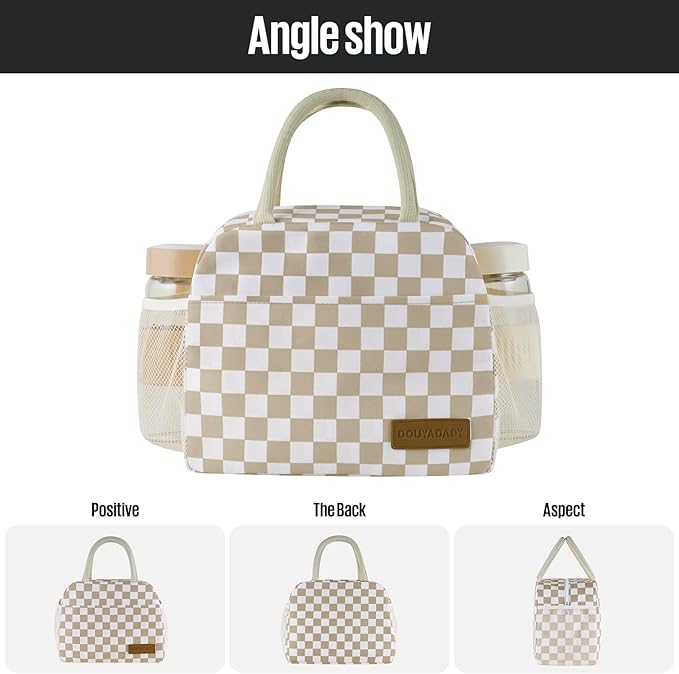 douyadady Lunch Bag Women/Men Lunch Box Women/Men (Khaki+White Checkerboard)